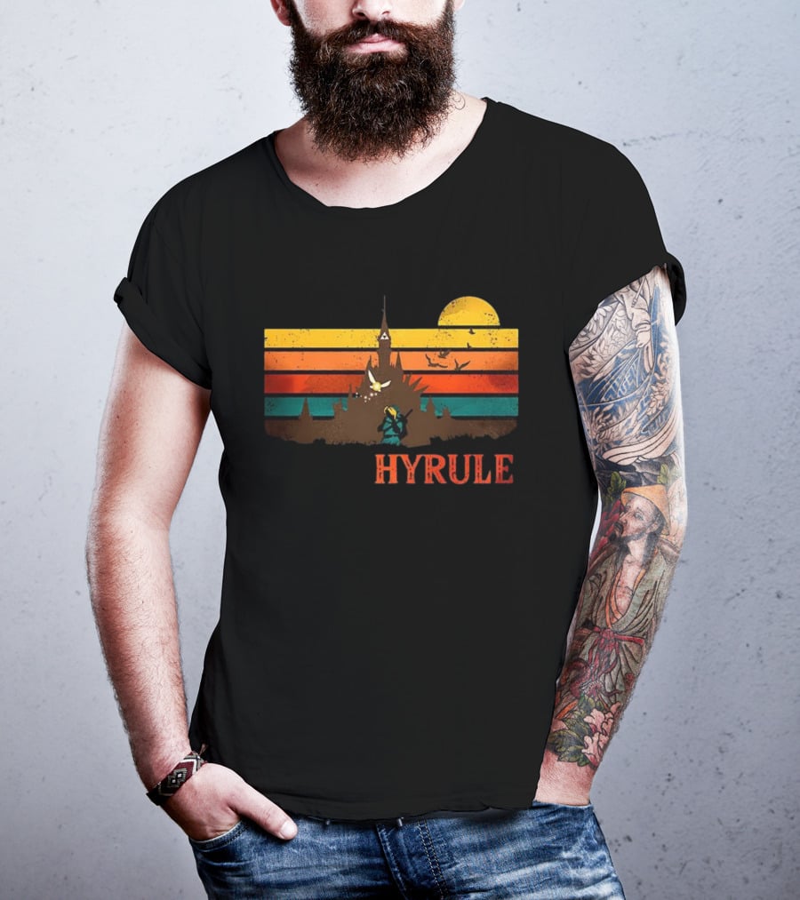 Hyrule Land Of The Gods Vintage Retro Sunset Castle And Hero Silhouette T-Shirt