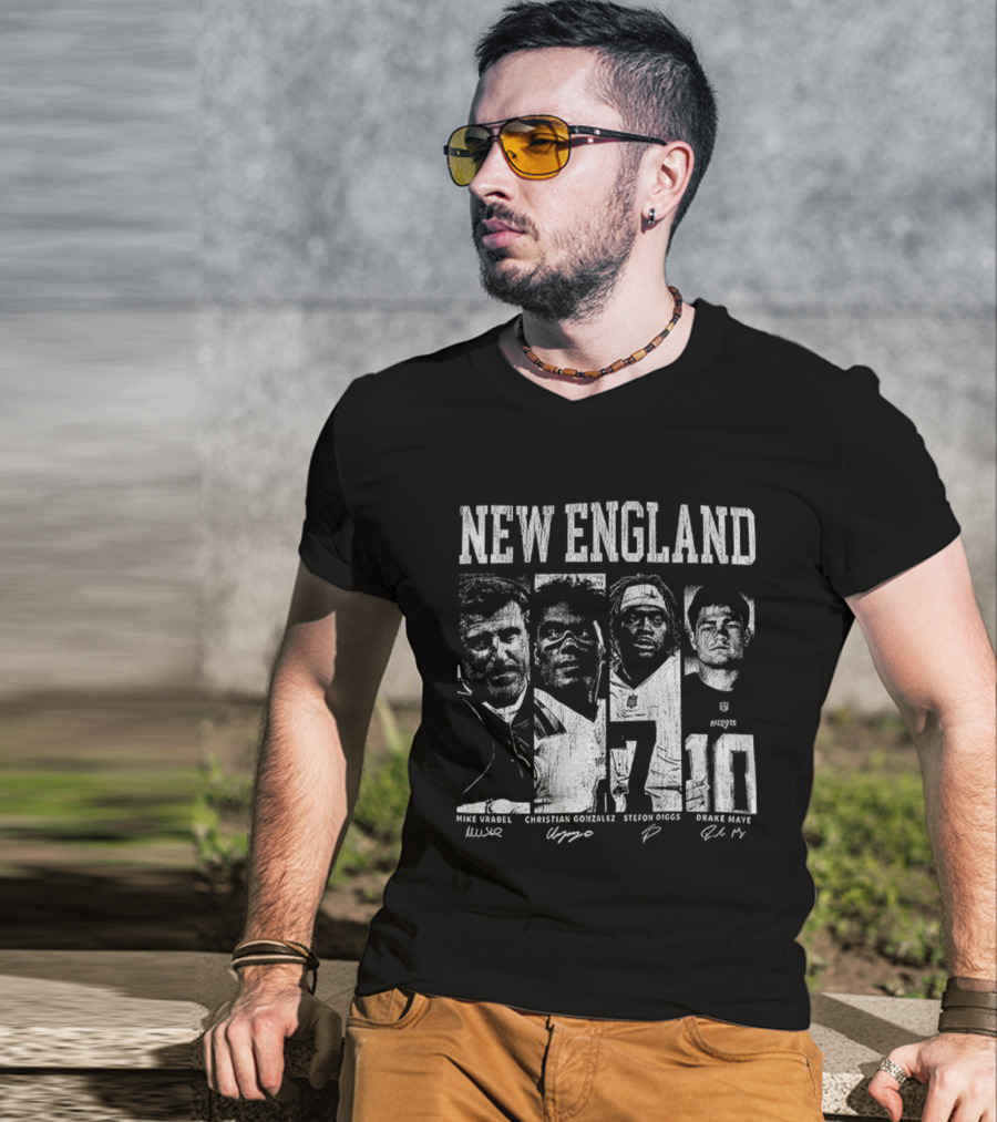 New England Mike Vrabel Christian Gonzalez Stefon Diggs Drake Maye NFL Football Signatures T-Shirt