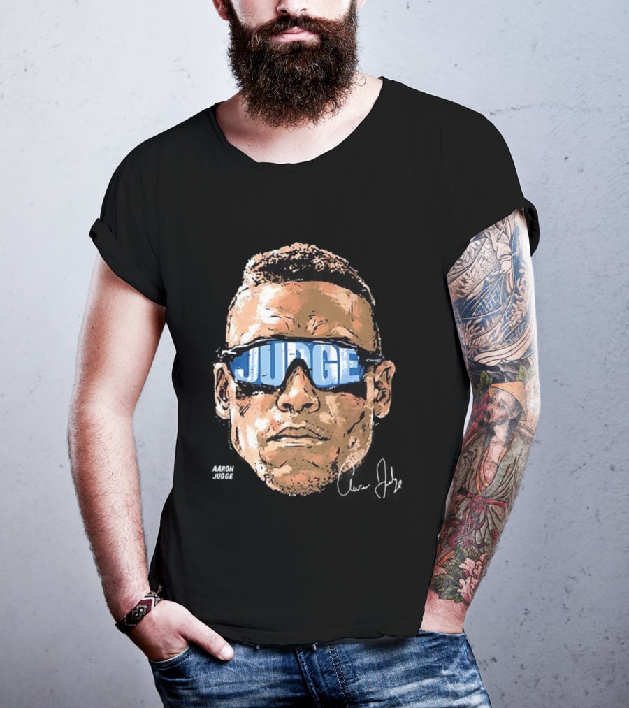 Aaron Judge New York Yankees Baseball Big Head Glasses Judge Signature T-Shirt