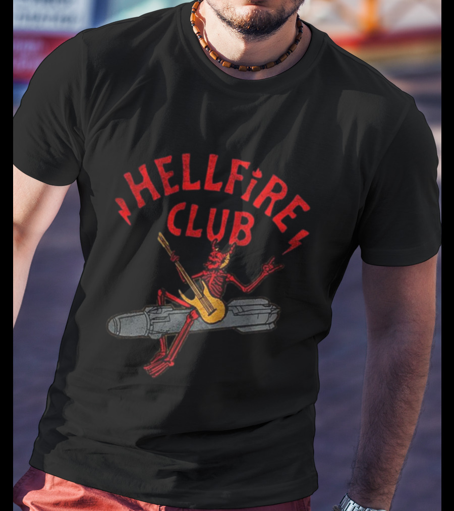Hellfire Club Devil Riding Missile Playing Guitar T-Shirt