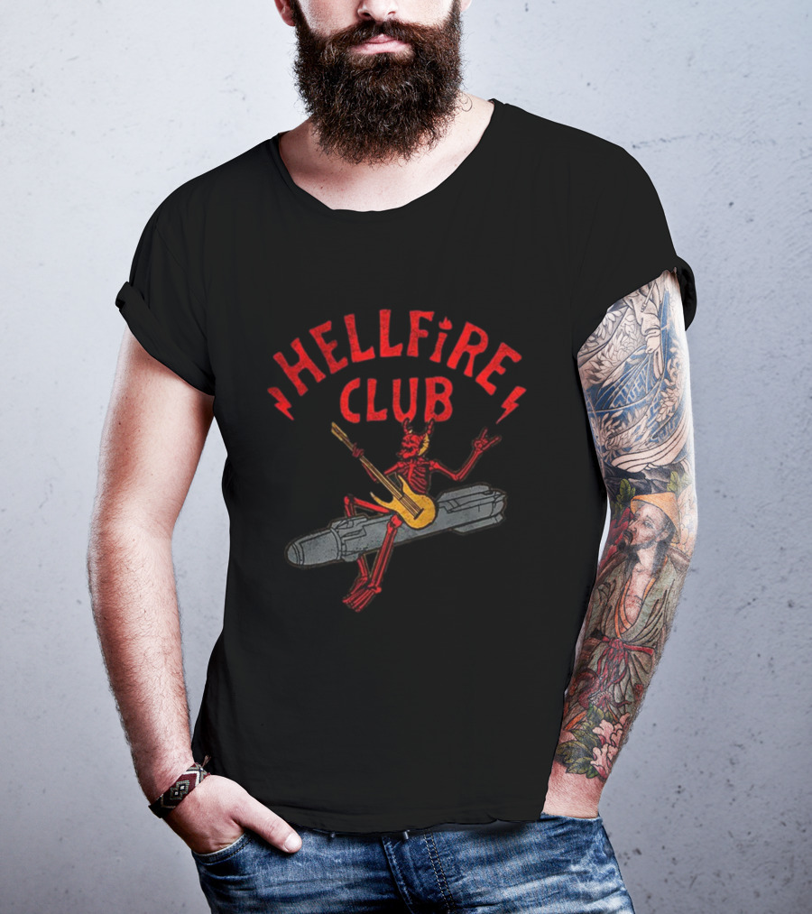 Hellfire Club Devil Riding Missile Playing Guitar T-Shirt