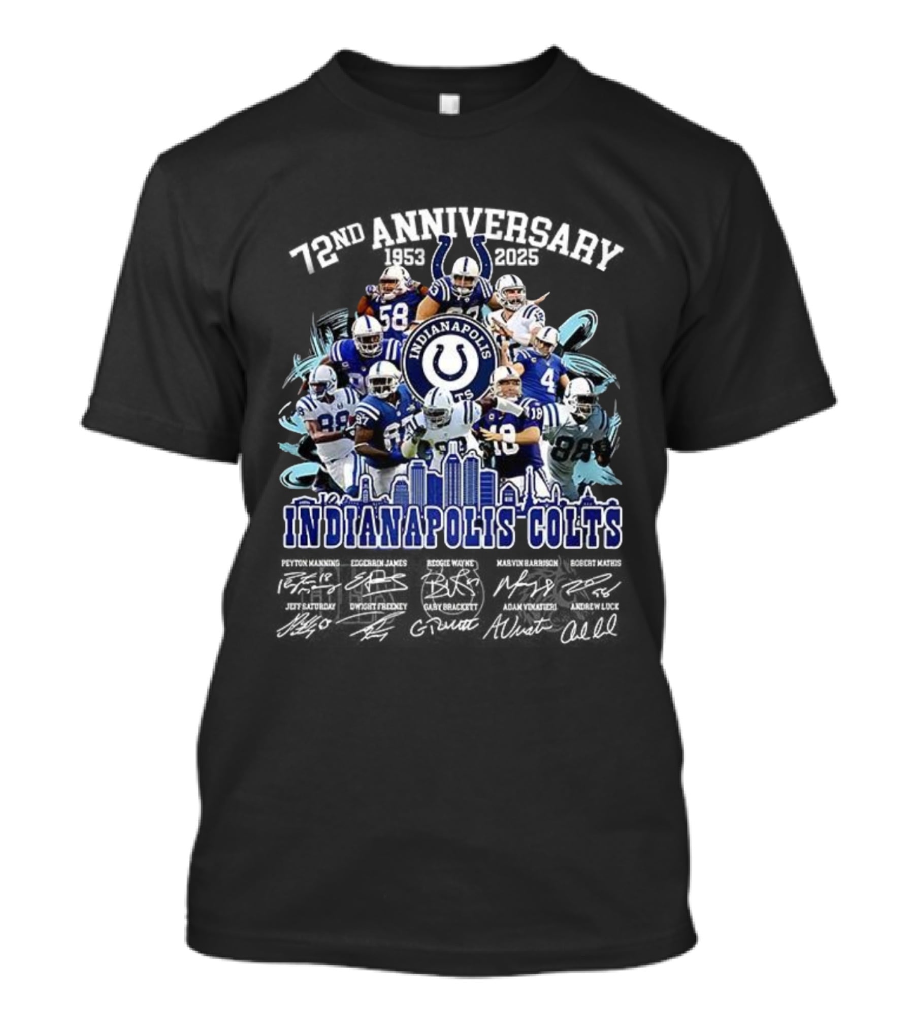 Indianapolis Colts 72nd Anniversary 1953-2025 Signature Players And Skyline T-Shirt