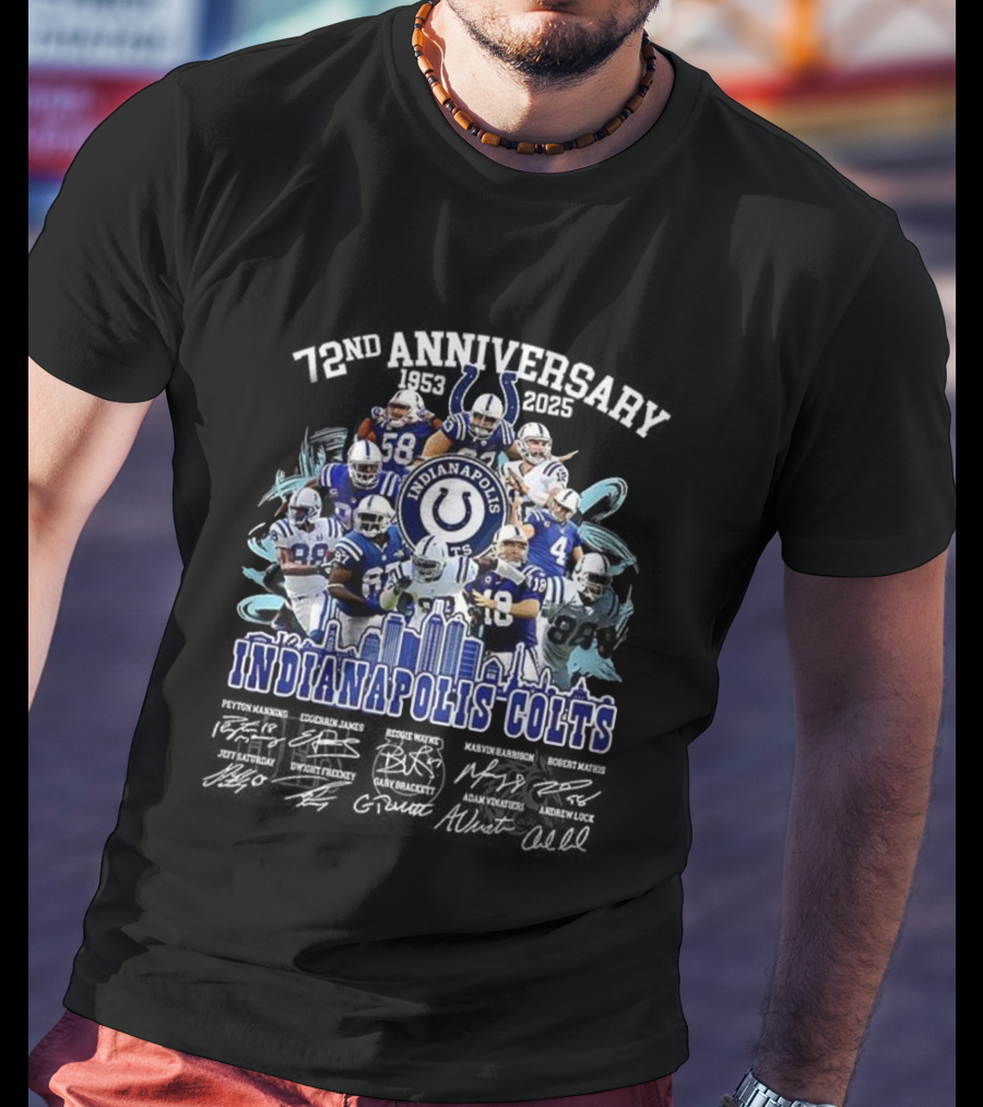Indianapolis Colts 72nd Anniversary 1953-2025 Signature Players And Skyline T-Shirt