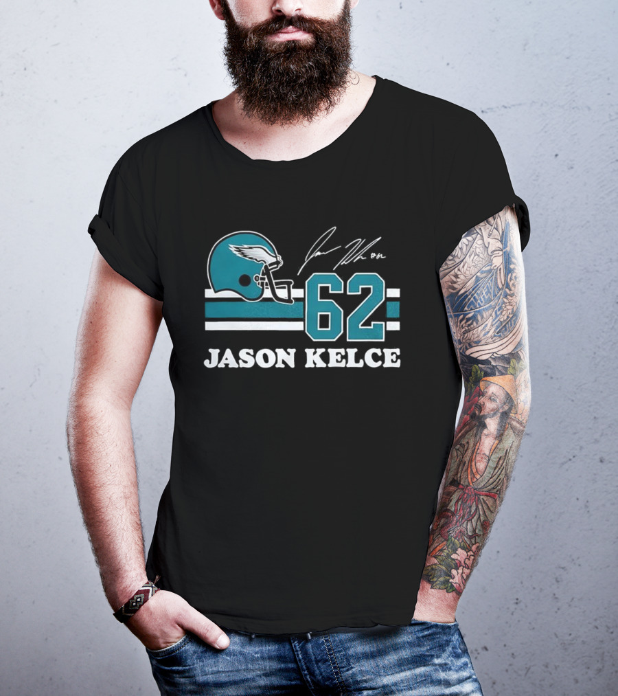 Jason Kelce Philadelphia Eagles NFL Helmet Number 62 Signature T-Shirt