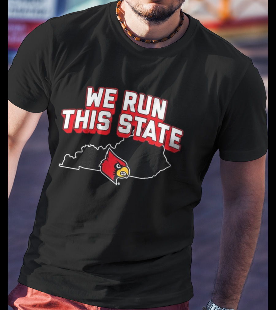 Louisville Cardinals Basketball We Run This State Kentucky Outline T-Shirt