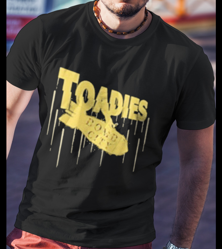 Toadies Bomb City Dripping Text And Bomb Icon T-Shirt
