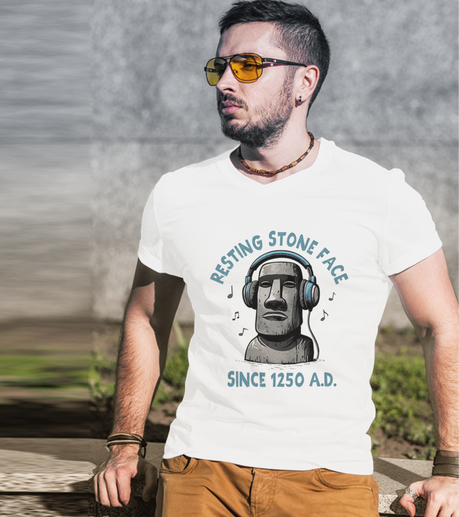 Resting Stone Face Easter Island Moai Headphones Since 1250 AD T-Shirt