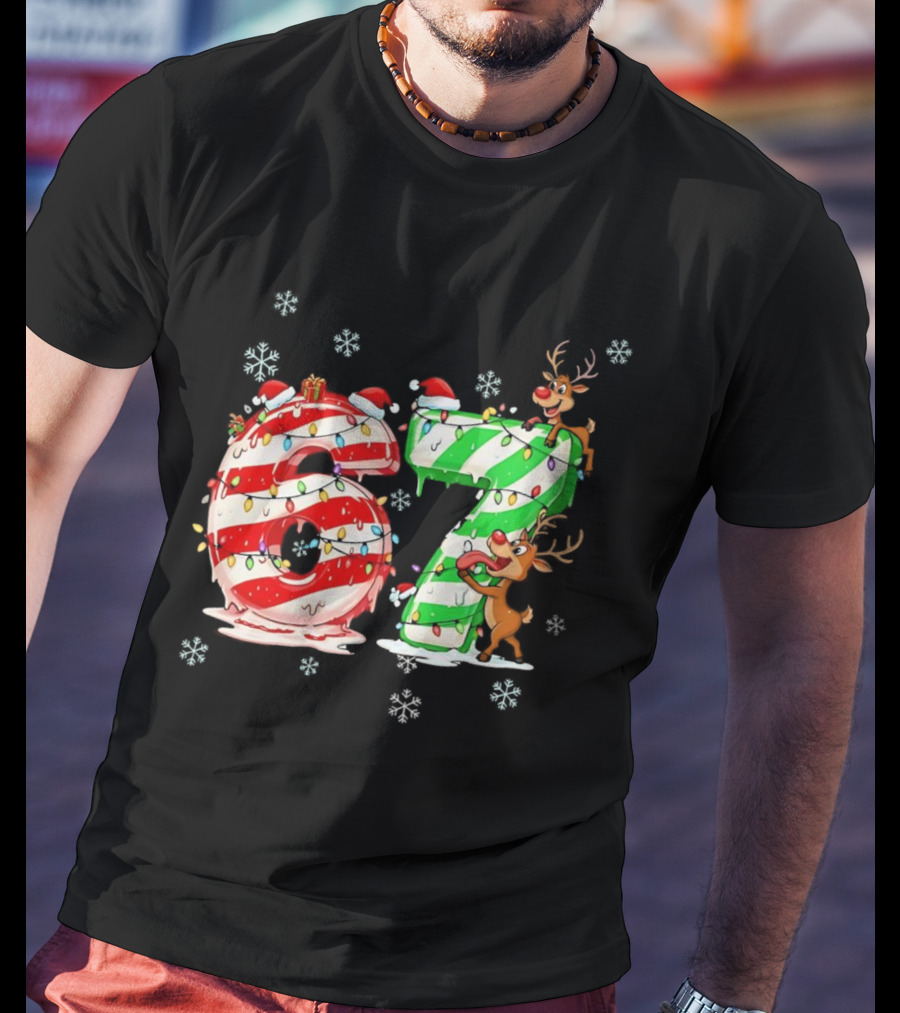 67 Christmas Reindeer Candy Cane Lights Snowflakes T-Shirt