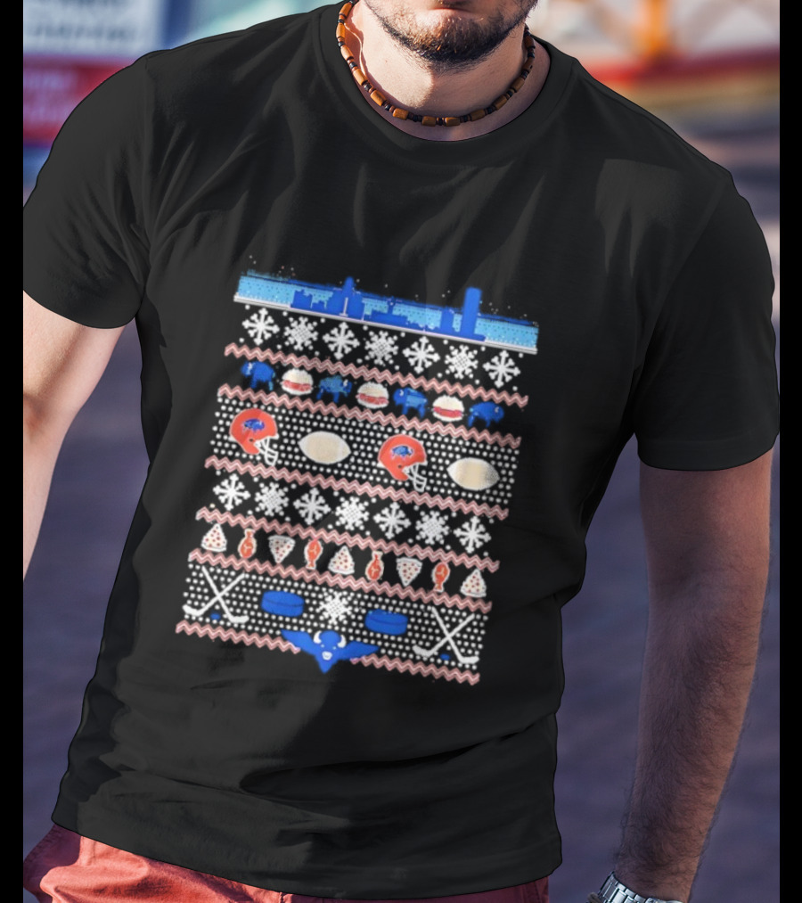 Buffalo Bills Football Skyline Ugly Christmas Sweater With Helmets And Snowflakes T-Shirt