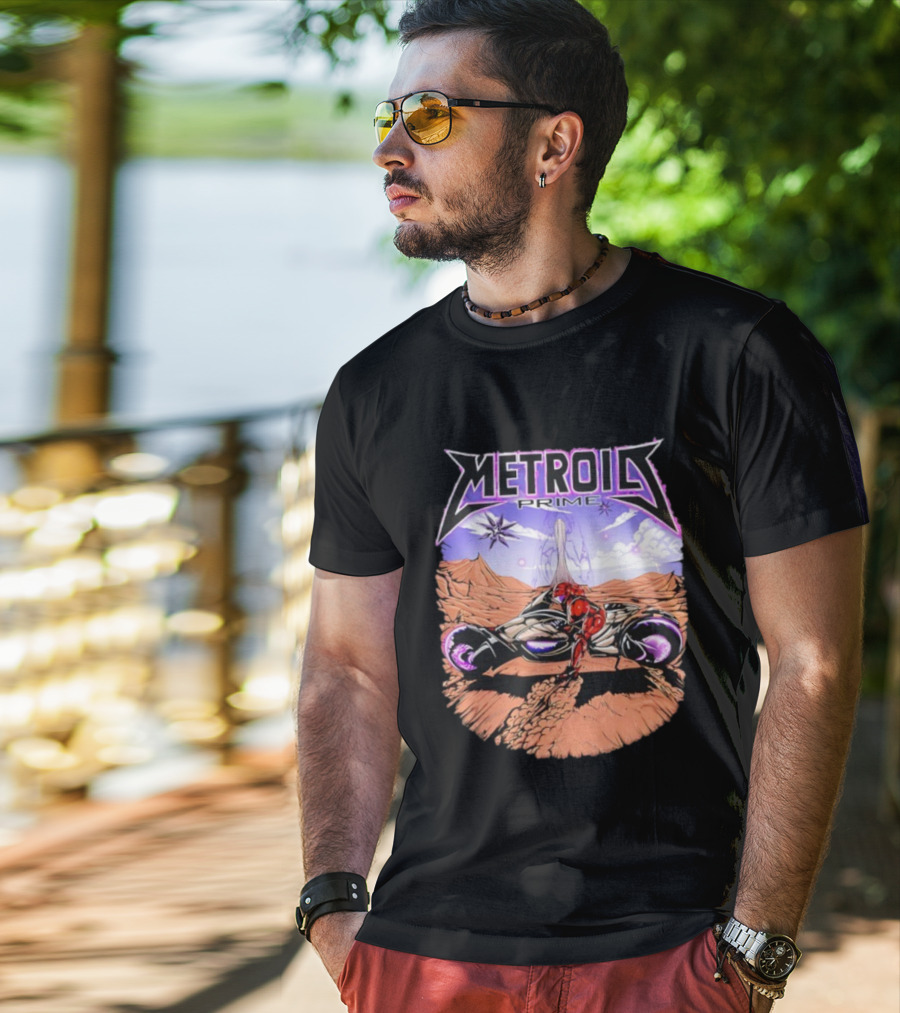 Metroid Prime Sci-Fi Landscape With Armored Character And Alien Desert Scene T-Shirt