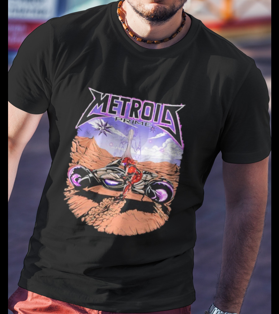 Metroid Prime Sci-Fi Landscape With Armored Character And Alien Desert Scene T-Shirt