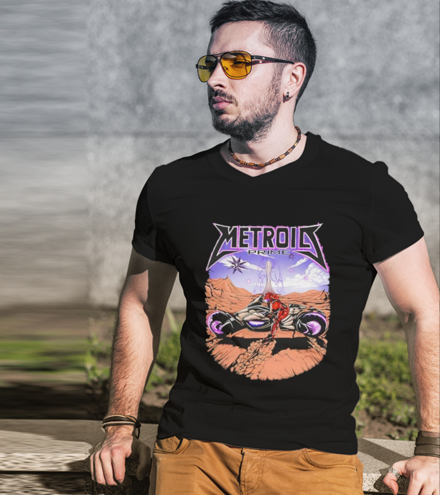 Metroid Prime Sci-Fi Landscape With Armored Character And Alien Desert Scene T-Shirt