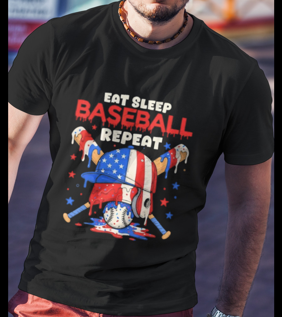 Eat Sleep Baseball Repeat Funny Ice Cream Drip Patriotic Crossed Bats T-Shirt
