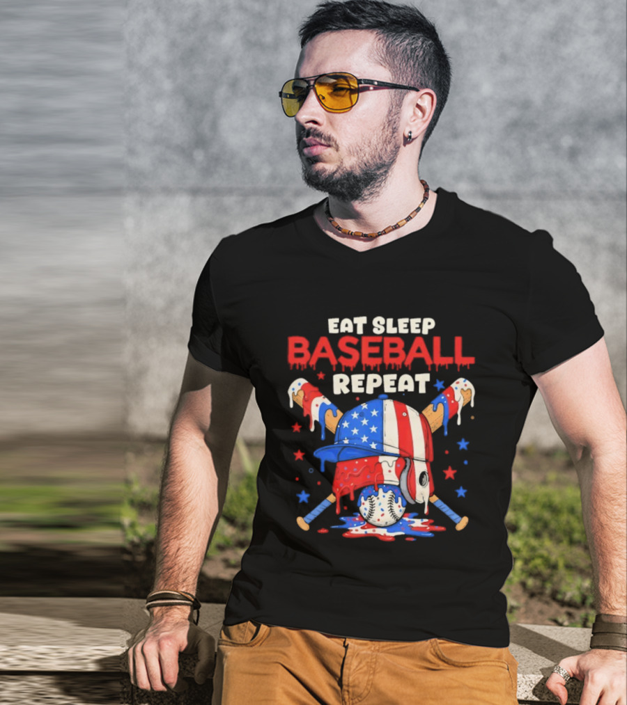 Eat Sleep Baseball Repeat Funny Ice Cream Drip Patriotic Crossed Bats T-Shirt