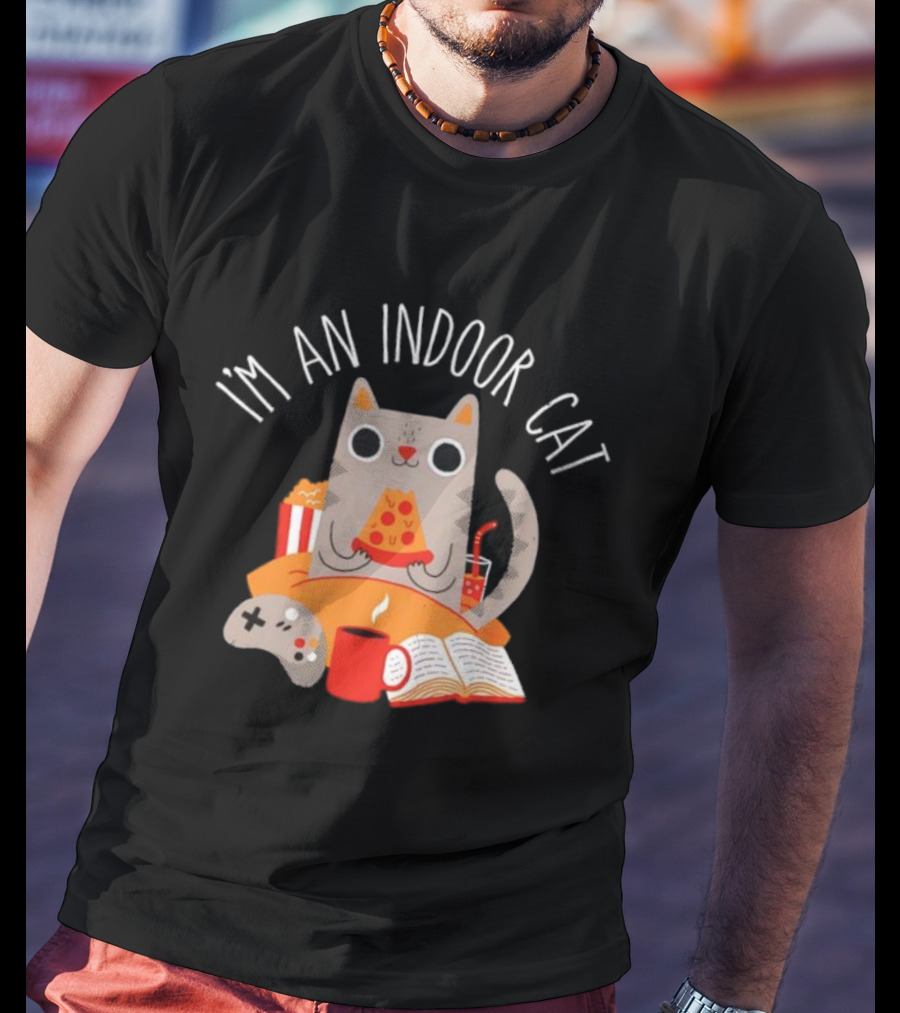 I'm An Indoor Cat Cartoon Cozy Vibes With Pizza, Popcorn, And Video Game Controller T-Shirt