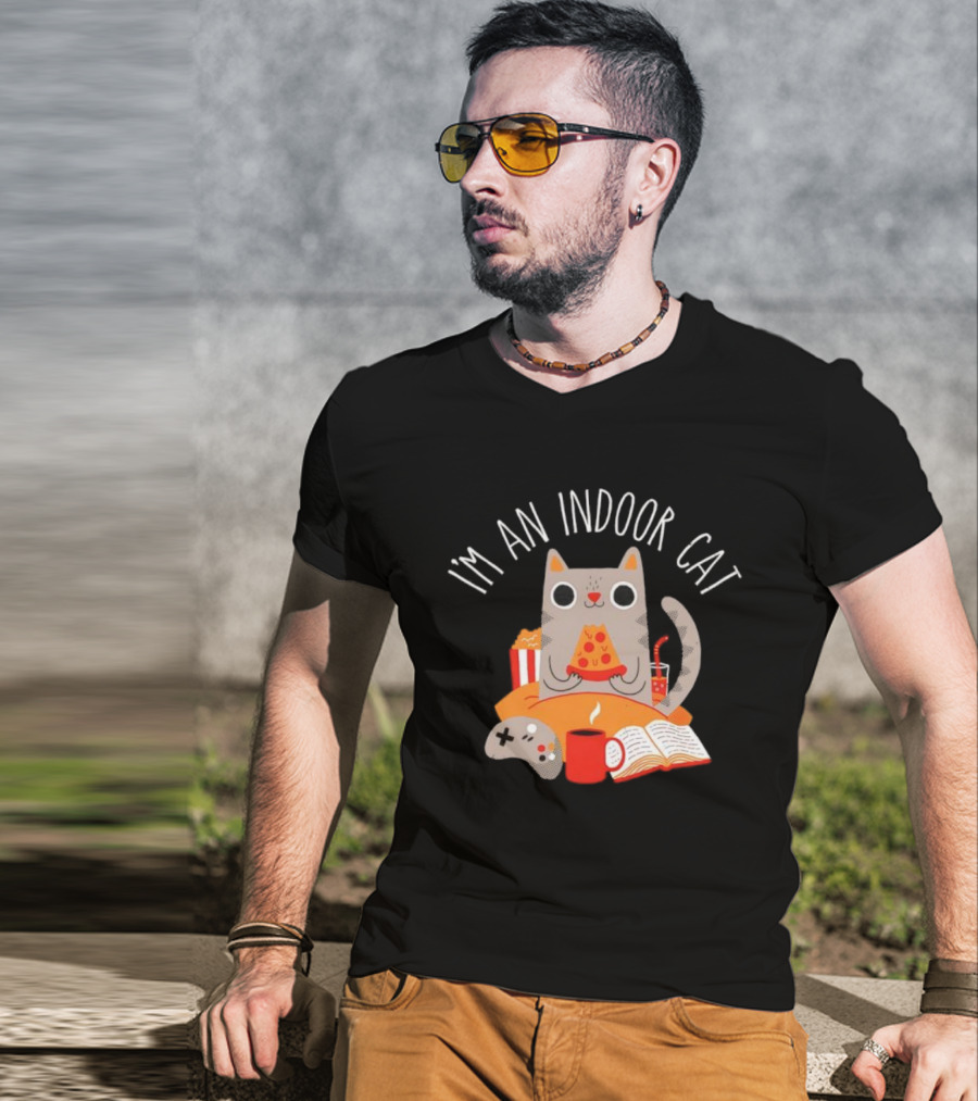 I'm An Indoor Cat Cartoon Cozy Vibes With Pizza, Popcorn, And Video Game Controller T-Shirt