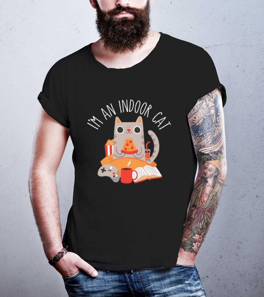 I'm An Indoor Cat Cartoon Cozy Vibes With Pizza, Popcorn, And Video Game Controller T-Shirt