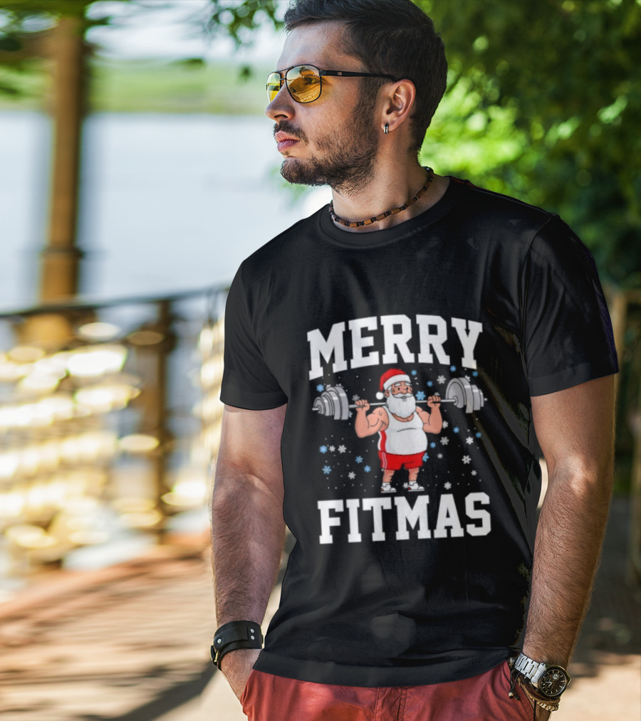 Merry Fitmas Santa Claus Lifting Weights Holiday Humor T-Shirt