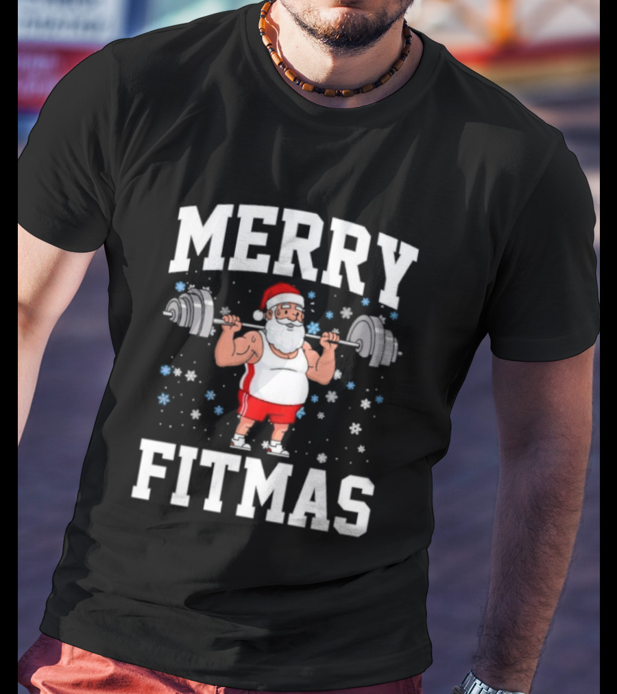 Merry Fitmas Santa Claus Lifting Weights Holiday Humor T-Shirt