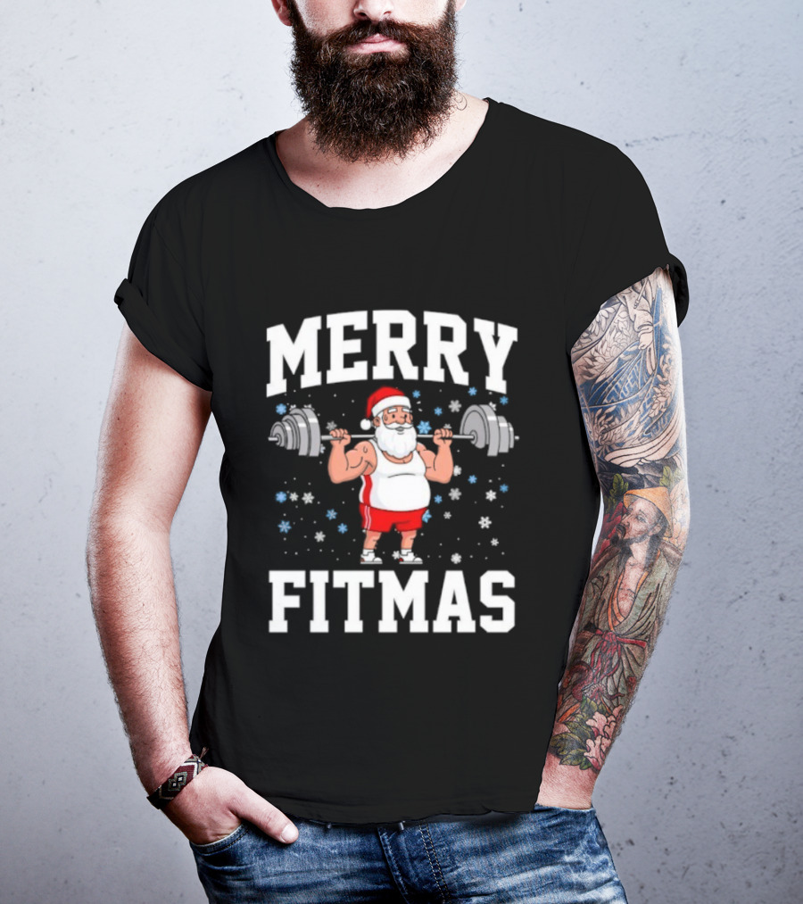 Merry Fitmas Santa Claus Lifting Weights Holiday Humor T-Shirt