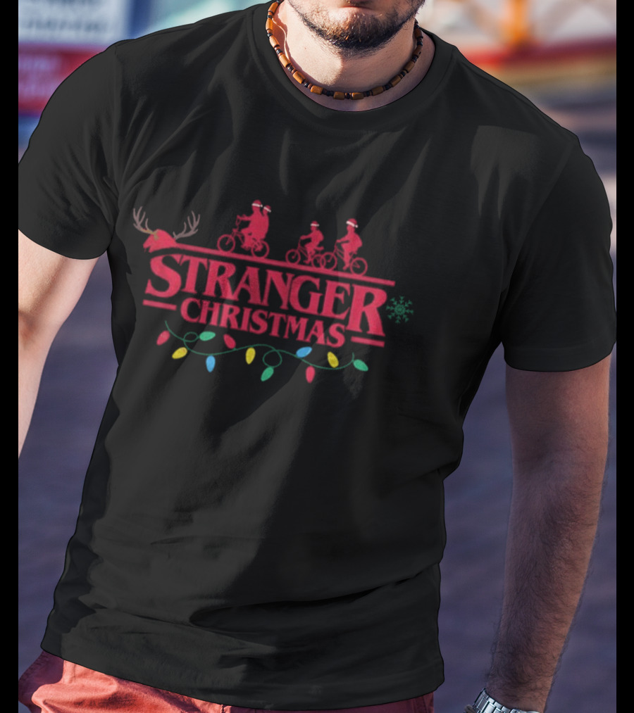 Stranger Christmas Santa Claus Upside Down Lights And Reindeer Antlers T-Shirt