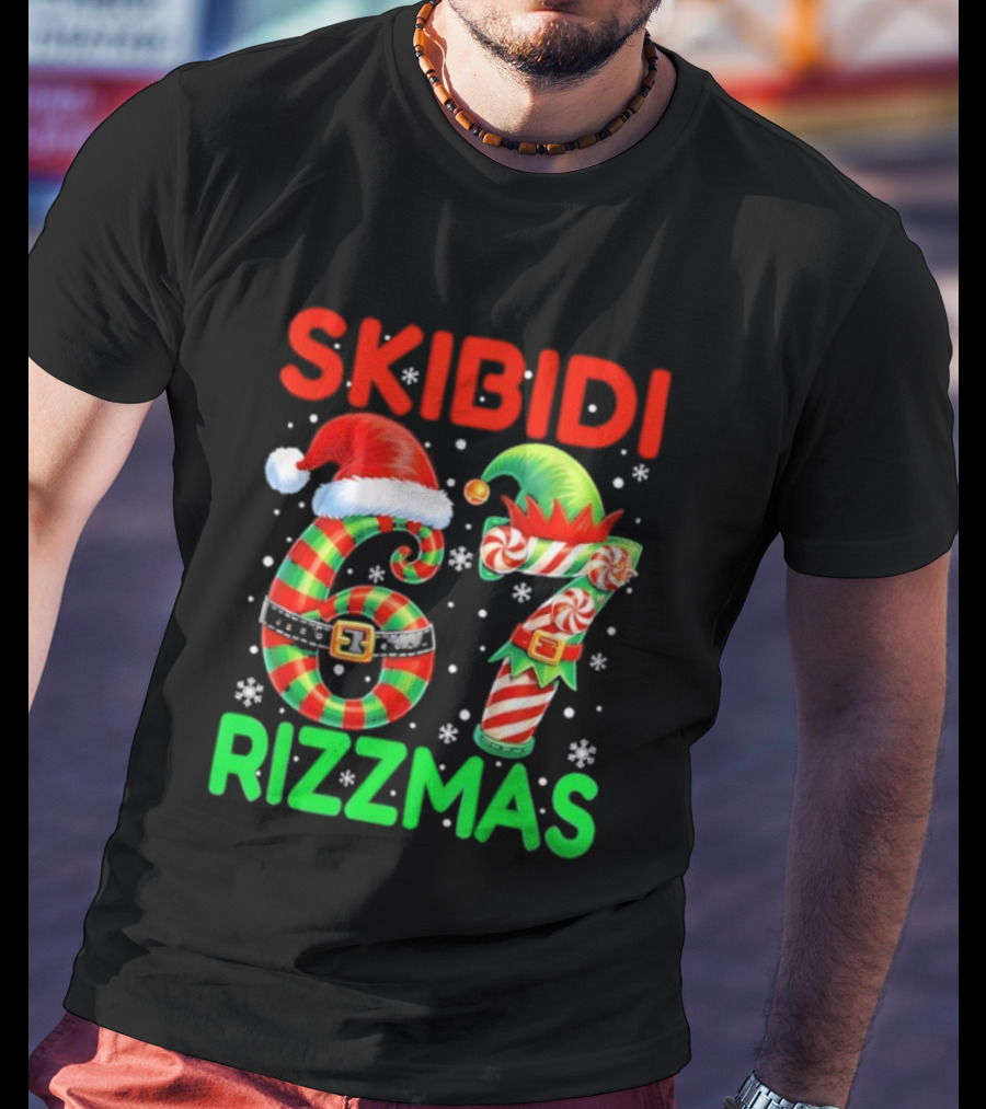Skibidi 67 Rizzmas Funny Christmas Elf Candy Cane Holiday Meme T-Shirt
