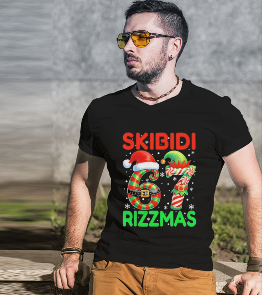 Skibidi 67 Rizzmas Funny Christmas Elf Candy Cane Holiday Meme T-Shirt