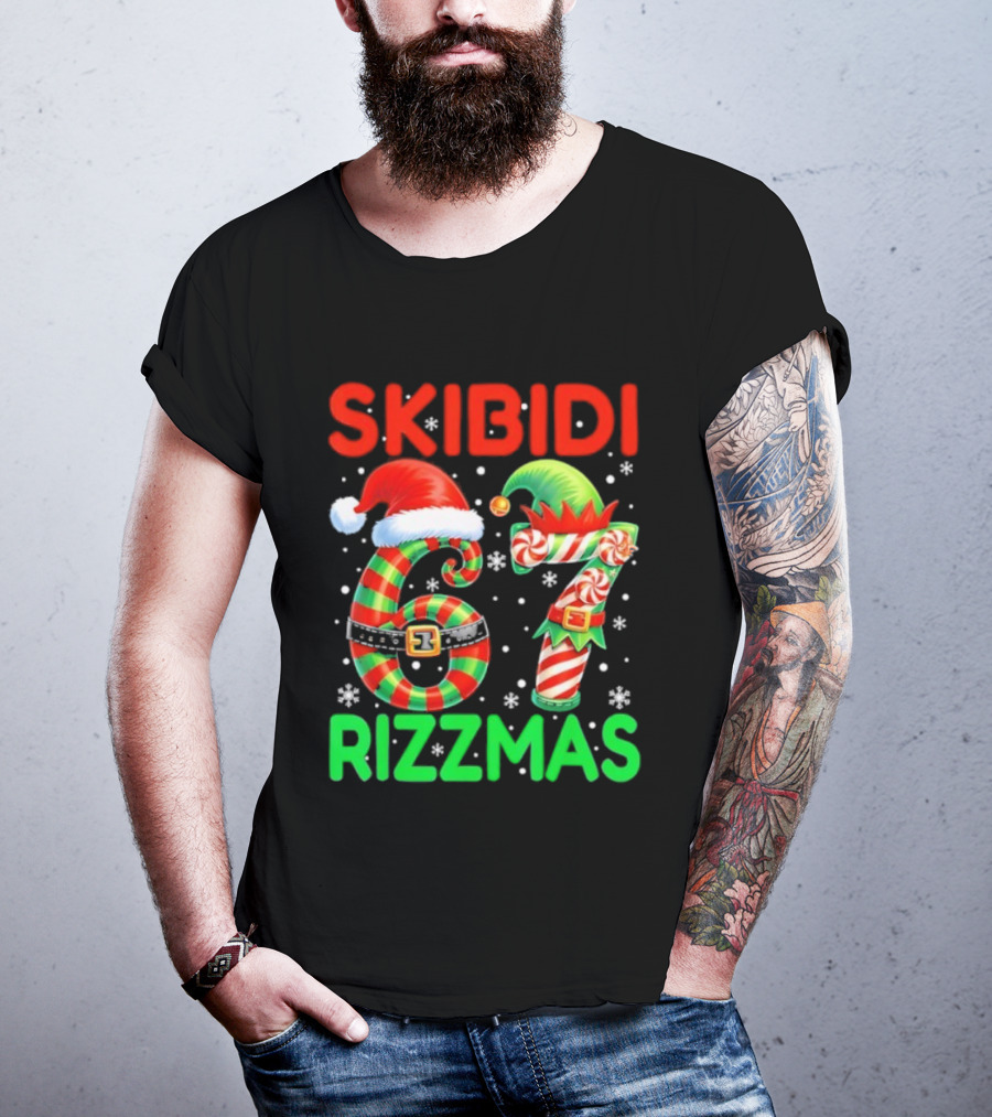 Skibidi 67 Rizzmas Funny Christmas Elf Candy Cane Holiday Meme T-Shirt