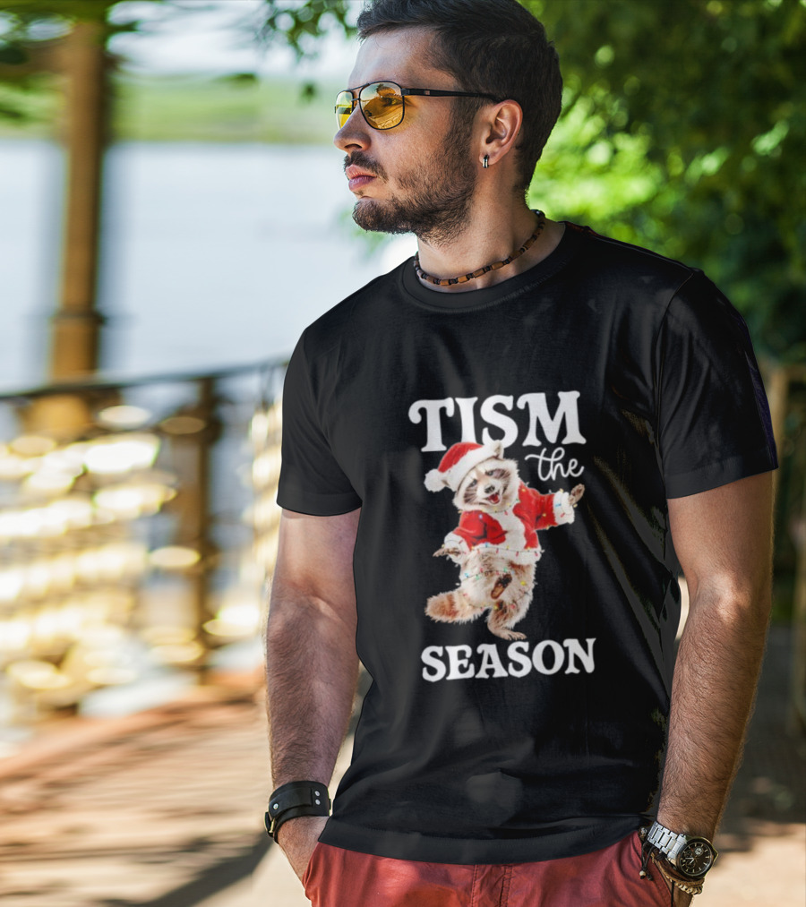Tism The Season Raccoon Santa Christmas Autism Awareness T-Shirt