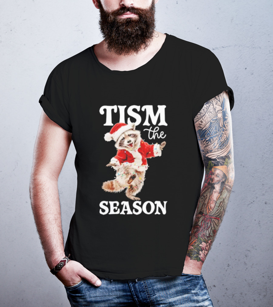 Tism The Season Raccoon Santa Christmas Autism Awareness T-Shirt