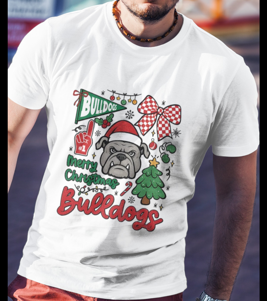 Merry Christmas Bulldogs Festive Mascot Checkerboard Bow And Holiday Theme T-Shirt