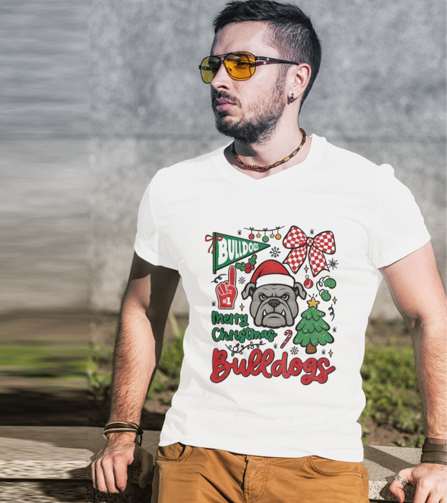 Merry Christmas Bulldogs Festive Mascot Checkerboard Bow And Holiday Theme T-Shirt