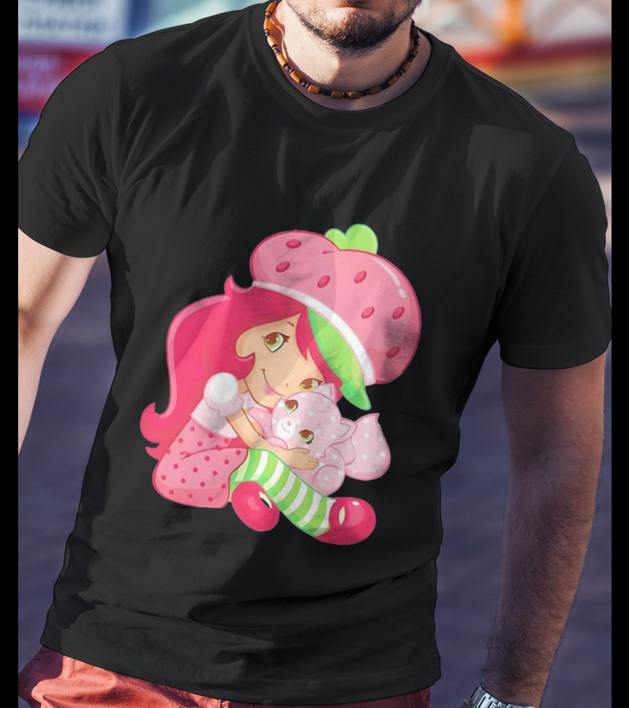 Strawberry Girl Hugging Pink Cat With Hat And Polka Dot Pants T-Shirt