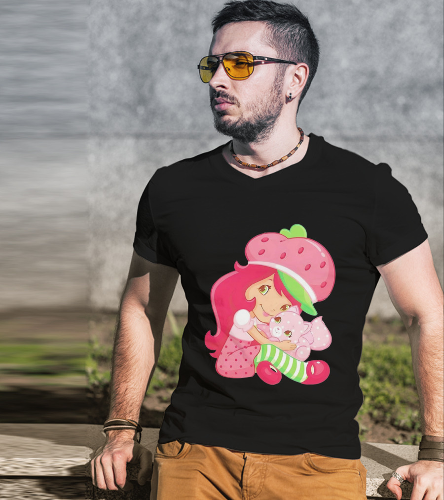 Strawberry Girl Hugging Pink Cat With Hat And Polka Dot Pants T-Shirt