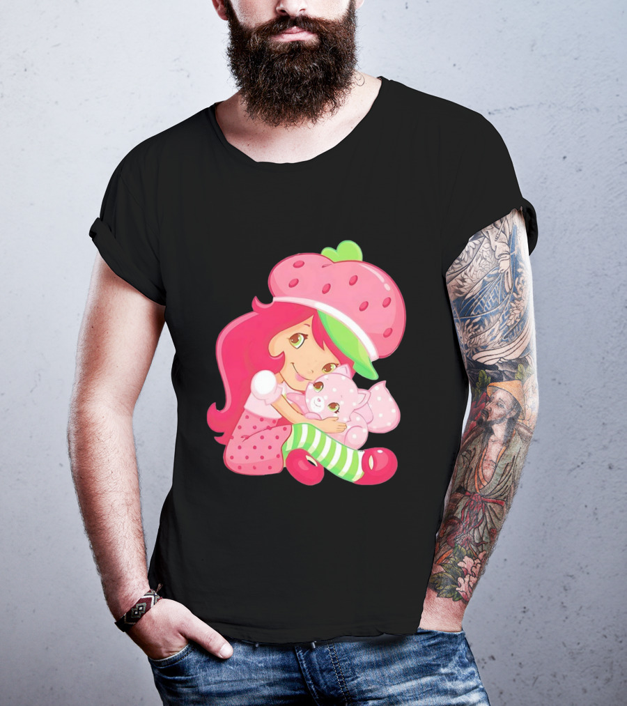 Strawberry Girl Hugging Pink Cat With Hat And Polka Dot Pants T-Shirt