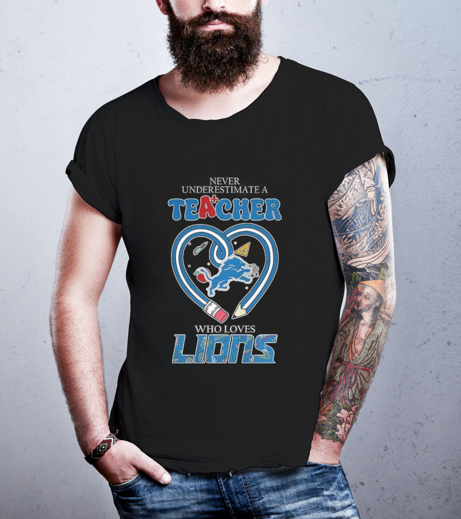 Teacher Who Loves Detroit Lions Heart Pencil Design T-Shirt