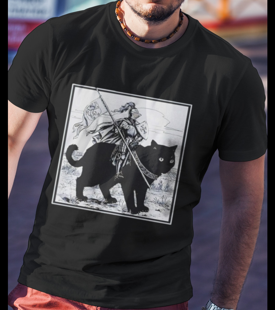 Medieval Knight Riding Giant Cat With Heraldic Banner T-Shirt