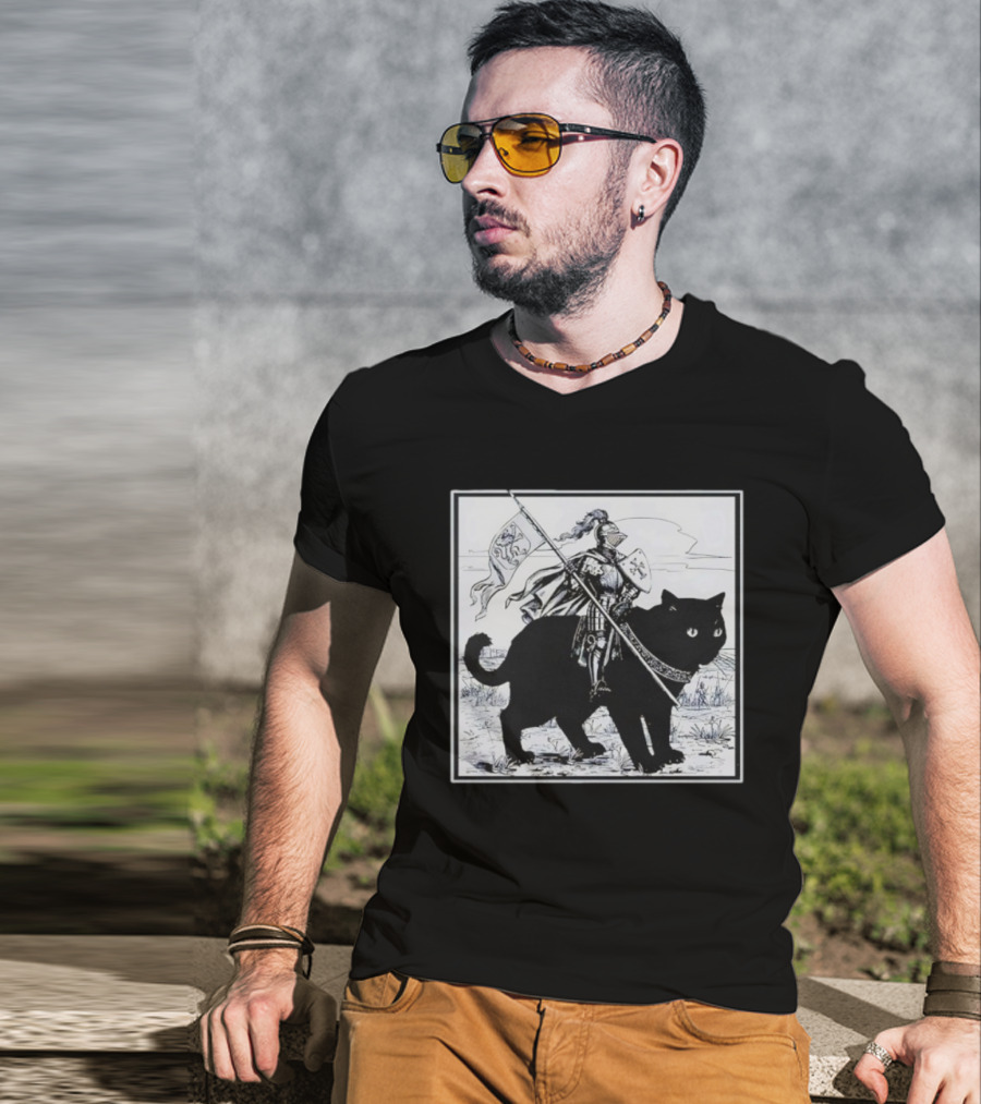 Medieval Knight Riding Giant Cat With Heraldic Banner T-Shirt