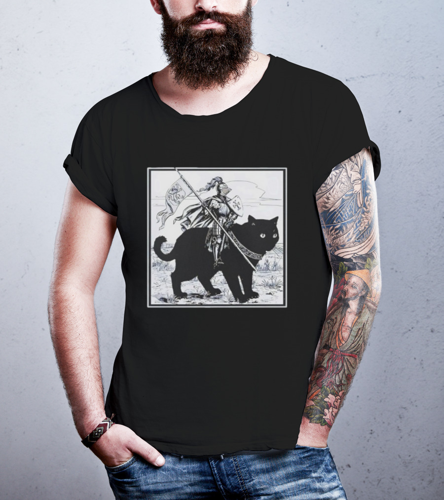 Medieval Knight Riding Giant Cat With Heraldic Banner T-Shirt
