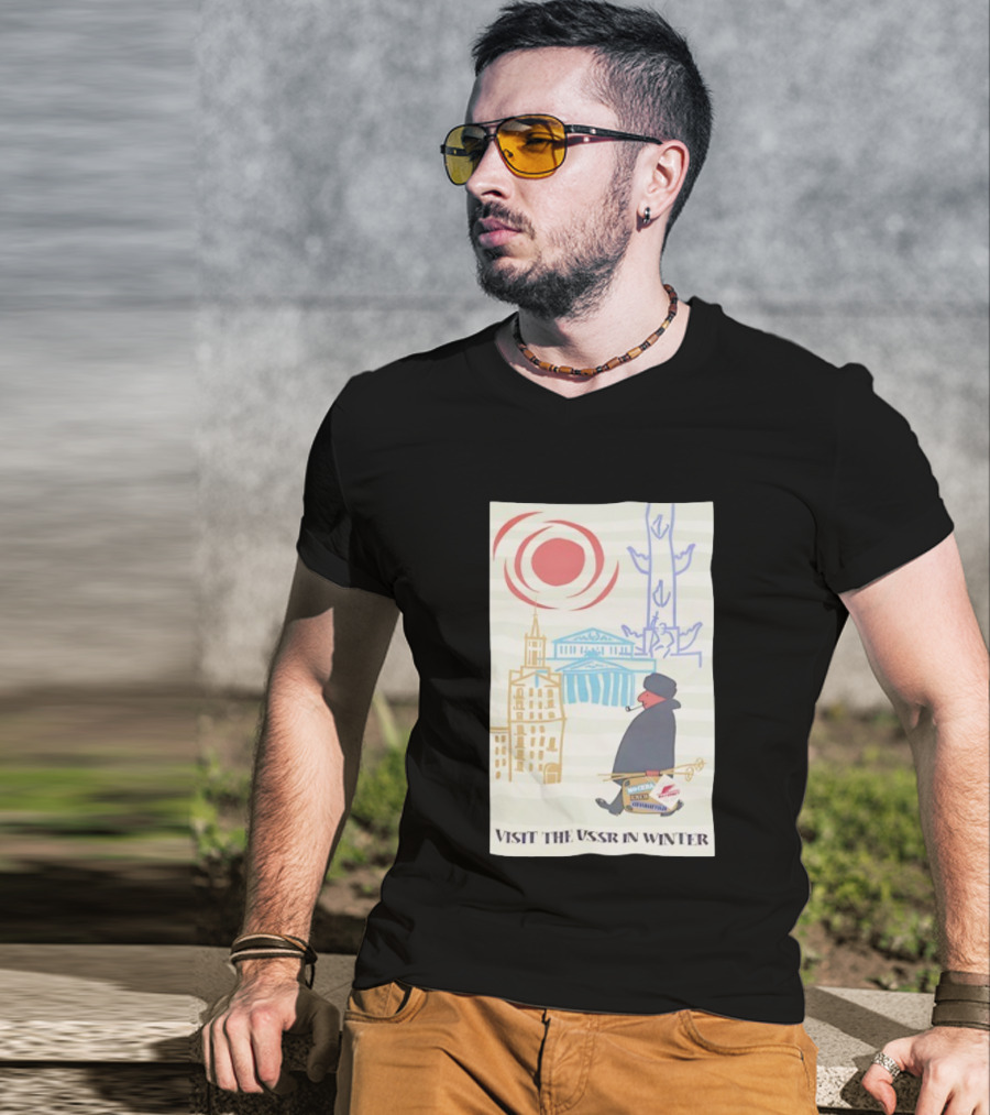 Visit The USSR In Winter Soviet Travel Propaganda Red Sun Russian Buildings Holiday Promotion T-Shirt
