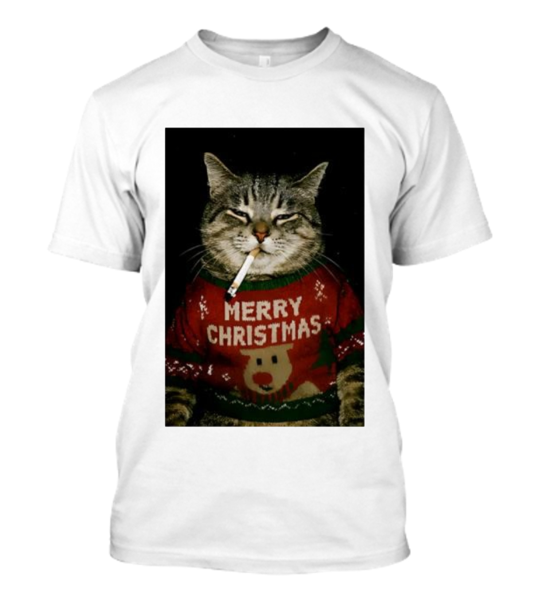 Merry Christmas Cat Smoking In Ugly Holiday Sweater With Reindeer T-Shirt