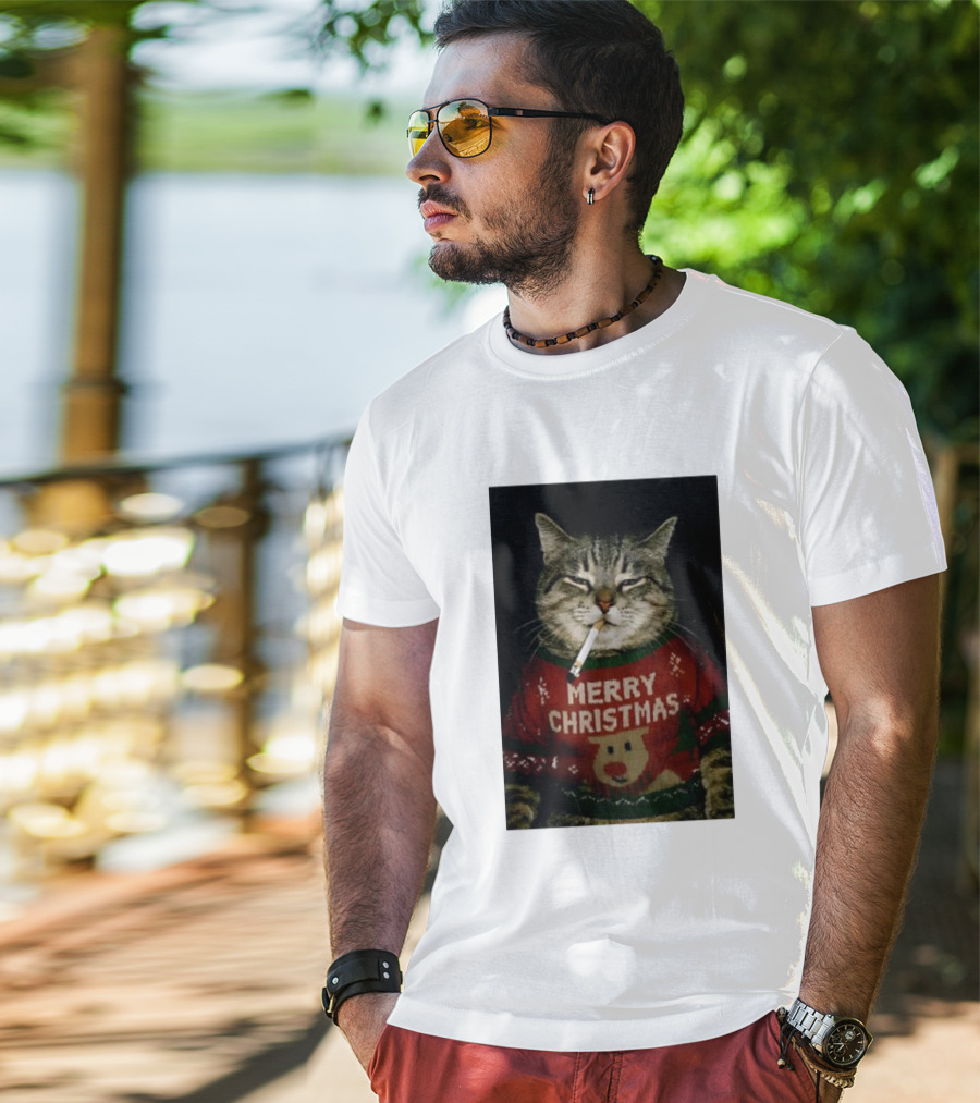 Merry Christmas Cat Smoking In Ugly Holiday Sweater With Reindeer T-Shirt