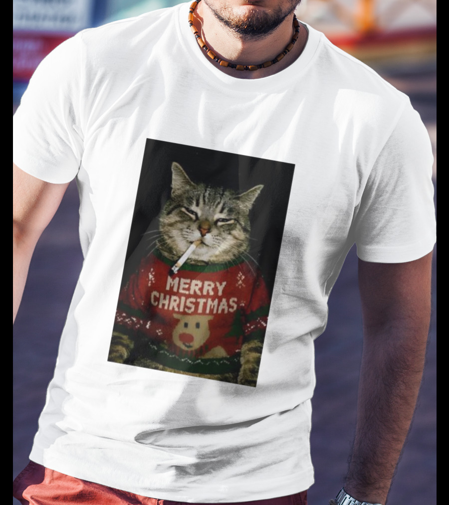 Merry Christmas Cat Smoking In Ugly Holiday Sweater With Reindeer T-Shirt