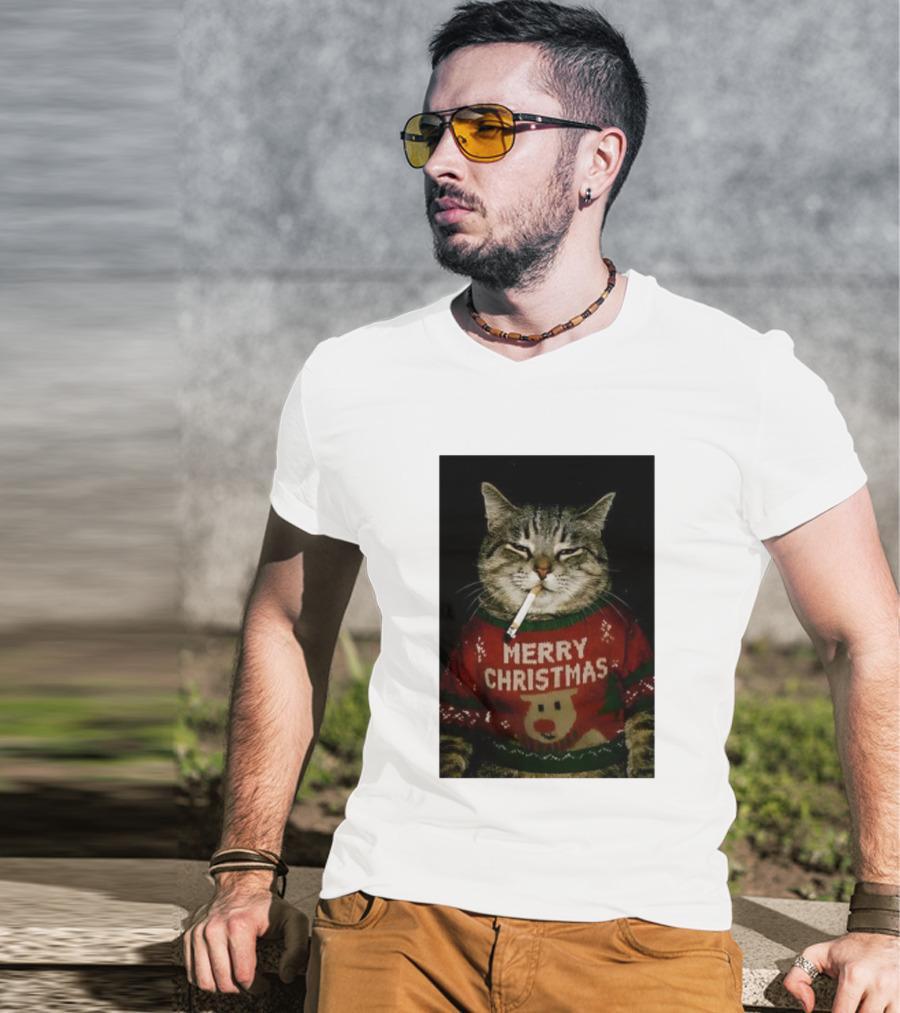 Merry Christmas Cat Smoking In Ugly Holiday Sweater With Reindeer T-Shirt