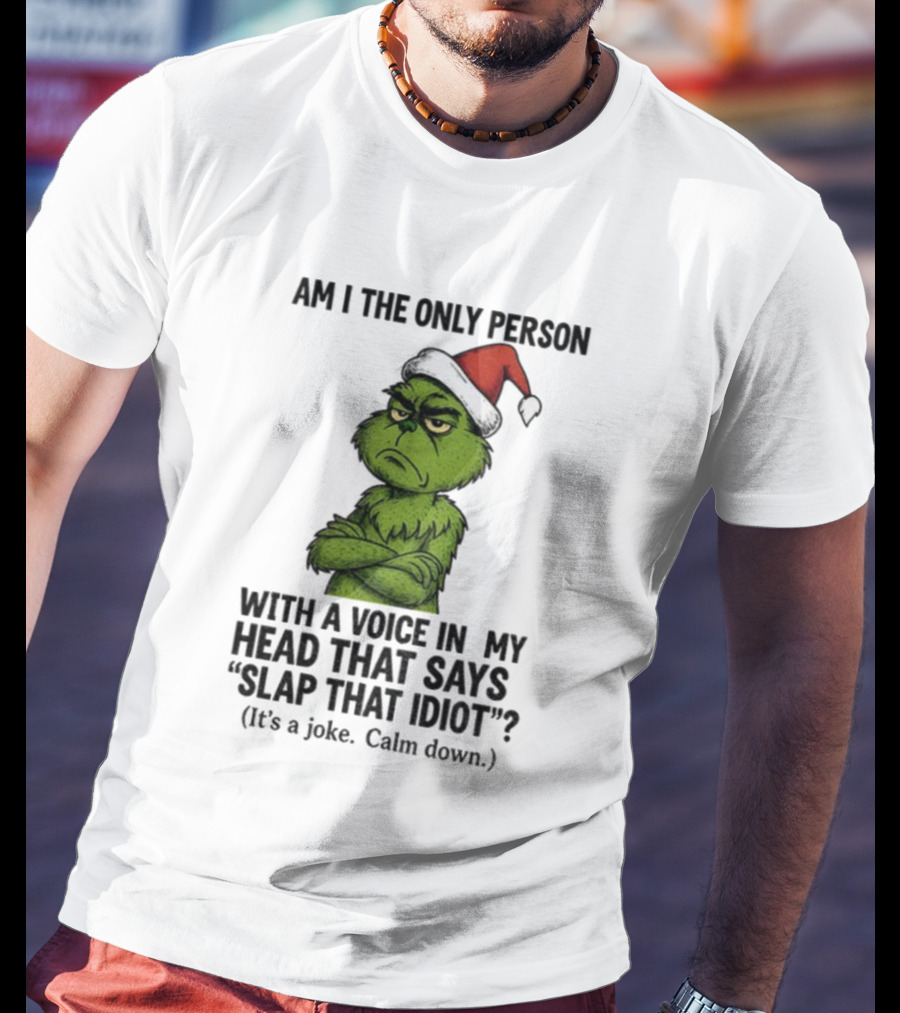 Grinch Santa Hat Am I The Only Person With A Voice In My Head That Says Slap That Idiot Christmas T-Shirt