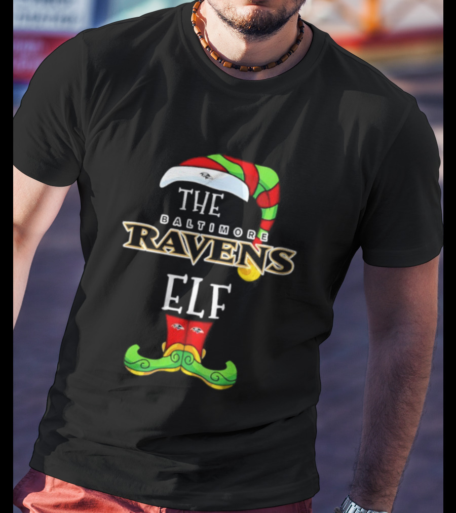 Baltimore Ravens Christmas Elf Hat Festive Sports Theme T-Shirt