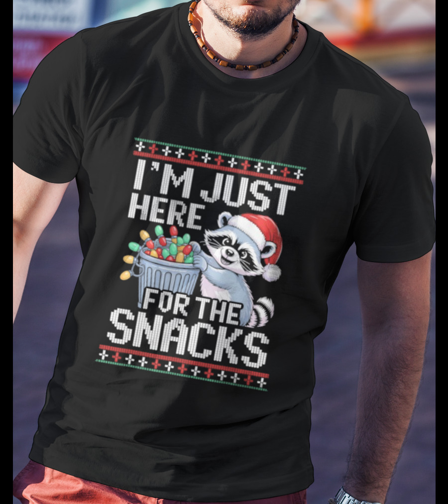 I'm Just Here For The Snacks Raccoon Christmas Ugly Sweater Santa Hat Holiday T-Shirt