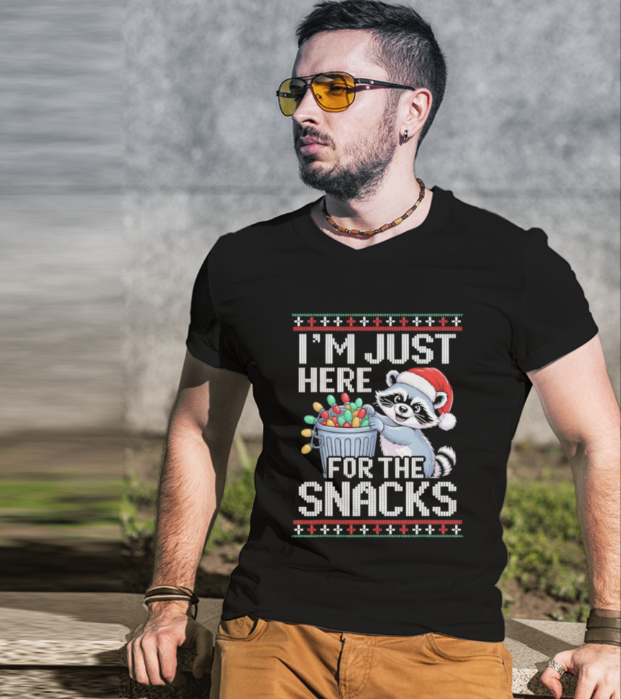 I'm Just Here For The Snacks Raccoon Christmas Ugly Sweater Santa Hat Holiday T-Shirt