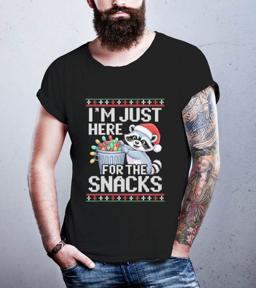 I'm Just Here For The Snacks Raccoon Christmas Ugly Sweater Santa Hat Holiday T-Shirt