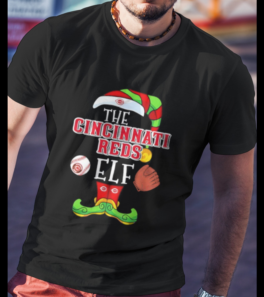 Cincinnati Reds Christmas Baseball Elf Hat And Stockings T-Shirt